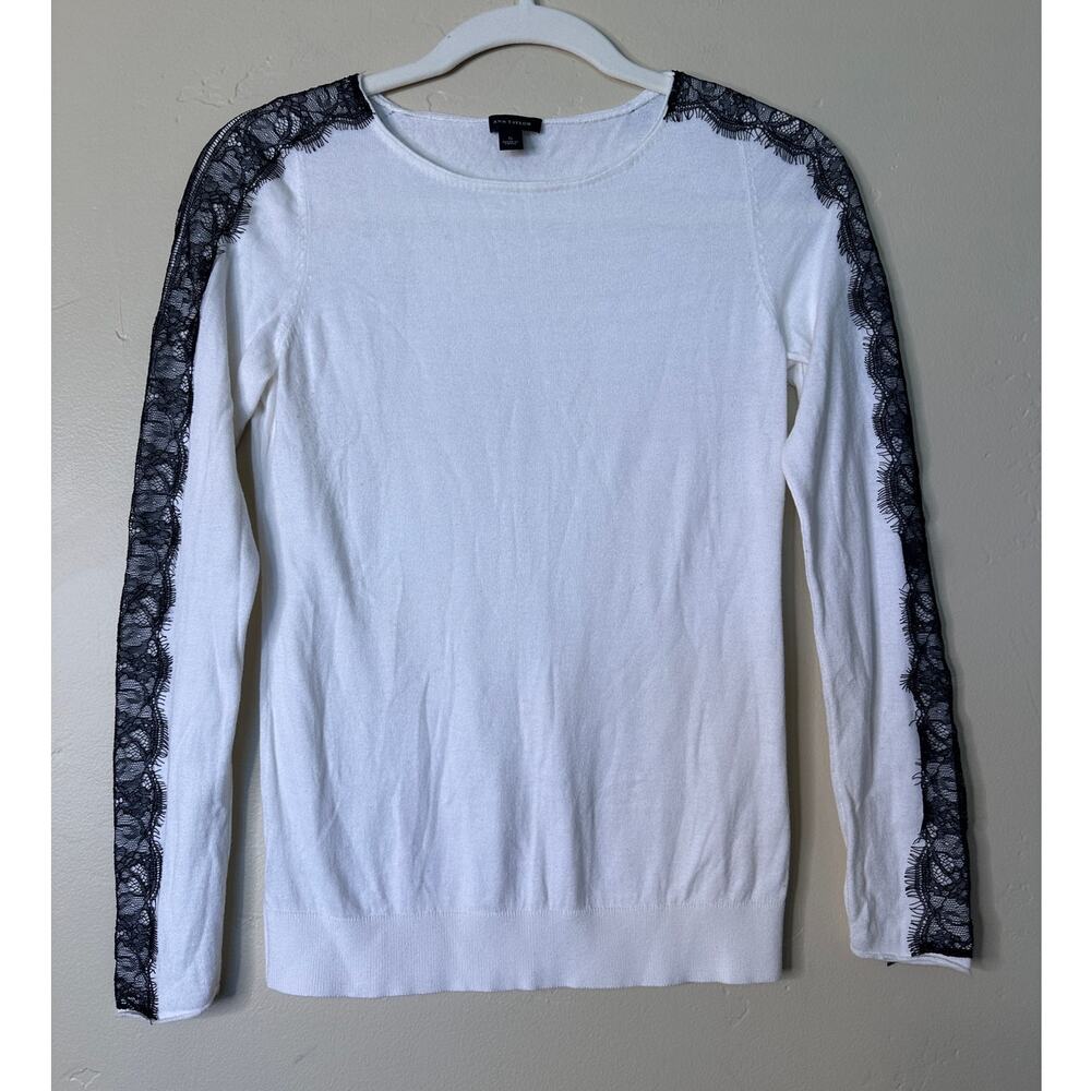 Ann Taylor White Lightweight Sweater with Black Lace Sleeve Detail SMALL